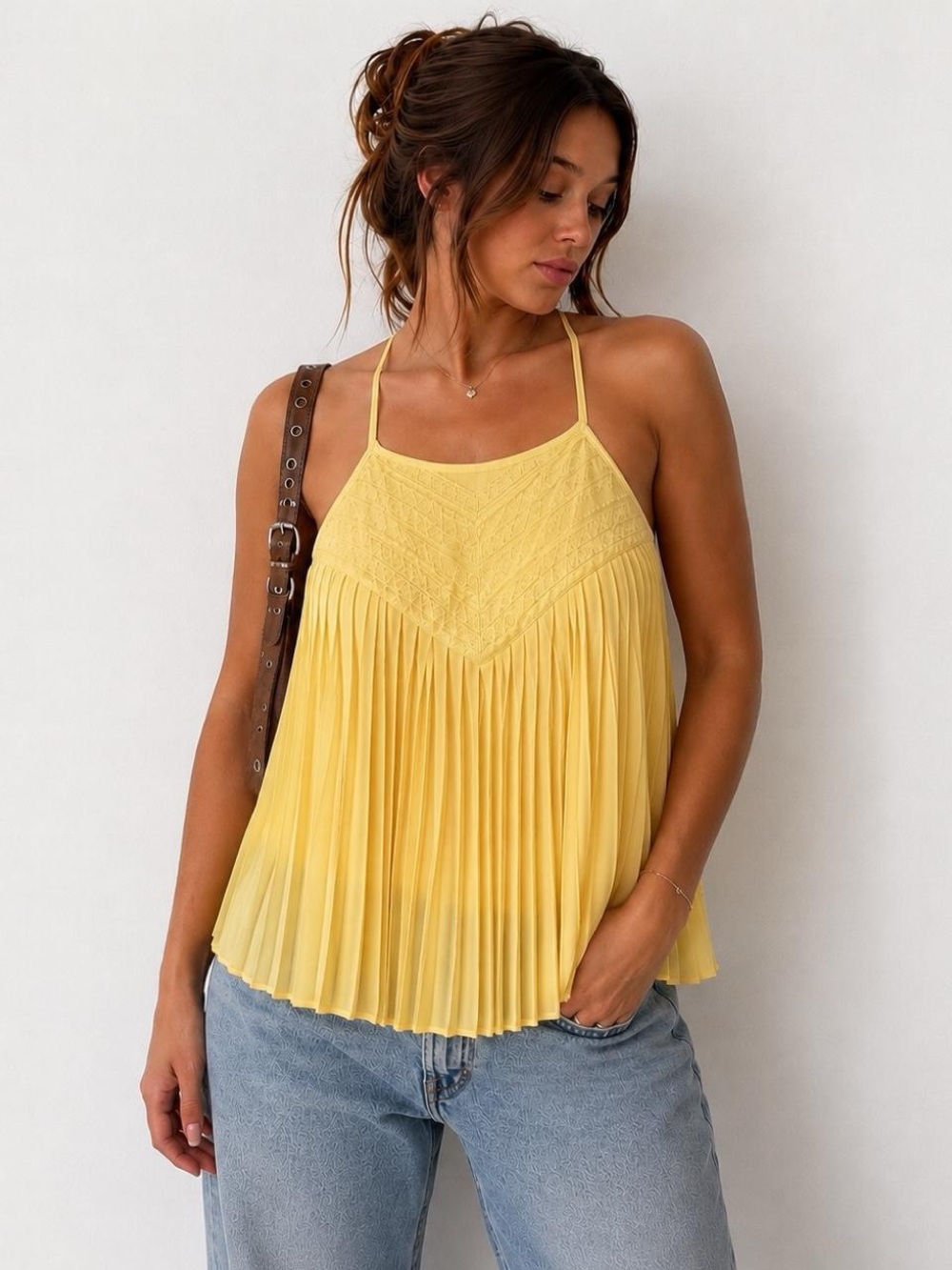 Vintage Contempo Casuals Y2K Pleated Butter Yellow Cami | Medium